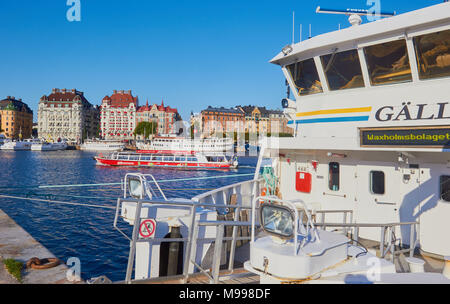 Ferry Waxholmsbolaget amarrés sur le bord de l'eau,, Nybroviken Stockholm, Suède, Scandinavie. Ferries pour l'archipel de Stockholm Banque D'Images