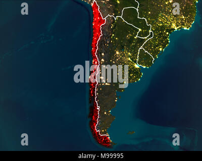 Le Chili a souligné en rouge à partir de l'orbite de la terre dans la nuit avec un visible frontières du pays. 3D illustration. Éléments de cette image fournie par la NASA. Banque D'Images
