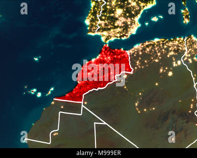 Le Maroc a souligné en rouge à partir de l'orbite de la terre dans la nuit avec un visible frontières du pays. 3D illustration. Éléments de cette image fournie par la NASA. Banque D'Images