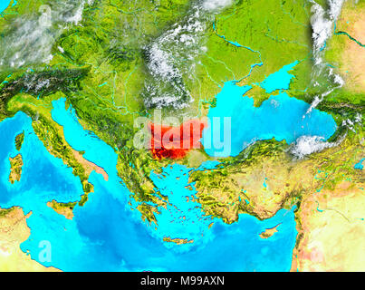 La Bulgarie a mis en évidence en rouge sur la planète Terre. 3D illustration. Éléments de cette image fournie par la NASA. Banque D'Images