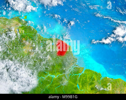 La Guyane a souligné en rouge sur la planète Terre. 3D illustration. Éléments de cette image fournie par la NASA. Banque D'Images