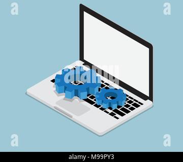 Ordinateur portable avec roues arrière-plan isométrique de cog Illustration de Vecteur