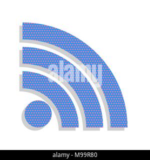 RSS inscription illustration. Vecteur. L'icône bleu néon avec motif à pois cyclamen avec ombre gris clair sur fond blanc. Isolées. Illustration de Vecteur