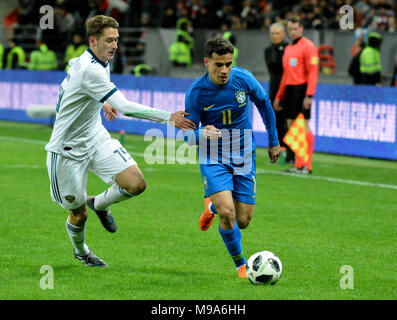 Moscou, Russie - le 23 mars 2018. Le milieu de terrain russe Alexeï Miranchuk et footballeur brésilien Philippe Coutinho lors des test match avec la Russie contre le Brésil à Moscou. Credit : Alizada Studios/Alamy Live News Banque D'Images