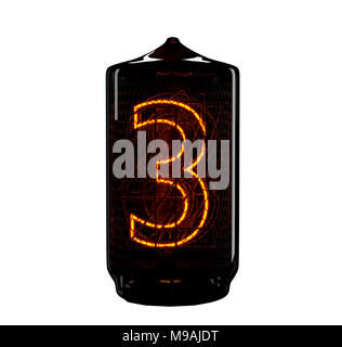 Tube Nixie indicateur. Le numéro trois de retro. 3D render. Fond blanc Banque D'Images