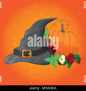 L'affiche de l'Halloween, une bannière ou un arrière-plan. Vector illustration avec la citrouille et la hat Illustration de Vecteur