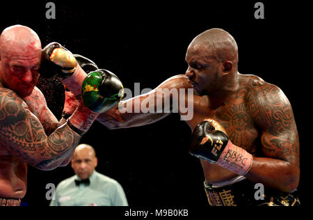 Dillian Whyte (à droite) en action contre Lucas Browne (à gauche) dans le Silver WBC Heavyweight Championship contest à l'O2 Arena, Londres. Banque D'Images