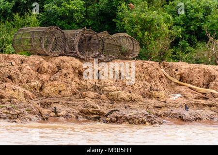 Des cages pour la capture des crustacés en bambou sur la rive de la rivière Siem Reap, Cambodge Banque D'Images