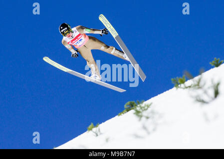 Peter Prevc de Slovénie s'élance dans l'air au cours de la compétition par équipe FIS Planica finales de la Coupe du monde de saut à ski le 24 mars 2017 à Planica, en Slovénie. (Photo de Rok Rakun / Pacific Press) Banque D'Images