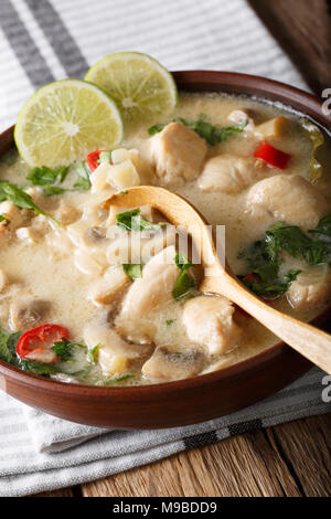 Soupe de poulet à la thaïlandaise tom kha gai close-up dans un bol sur la table verticale. Banque D'Images