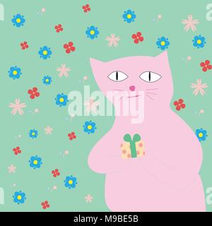 Concept d'anniversaire. Holding cat rose cadeau mignon sur fond de fleurs. Vector illustration. Illustration de Vecteur