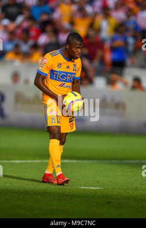 24 mars 2018:l'UANL Tigres avant Enner Valencia (13) met en place pour la réussite de tir de pénalité au cours de la tentative Liga football match MX entre Tigres UANL et C.D. Stade BBVA à Guadalajara, à Houston, au Texas. Chris Brown/CSM Banque D'Images