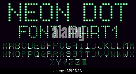 Neon dot font en vert, la partie 1. Alphabet fait main vecteur composé de points de néon. Les majuscules des lettres de néon Illustration de Vecteur