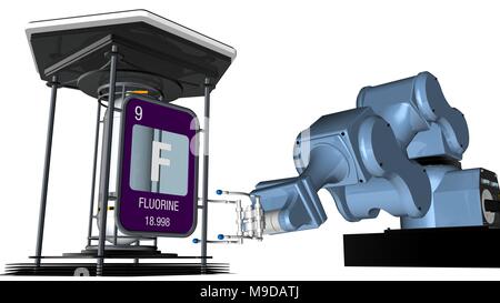 Symbole du fluor dans la carrée à bord métallique à l'avant d'un bras mécanique qui contiendra un récipient du produit. 3D render. L'élément numéro 9 Banque D'Images