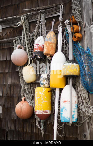 Les bouées de homard colorés accrochés sur une construction en bardeaux altérés à Rockport, Massachusetts. Banque D'Images