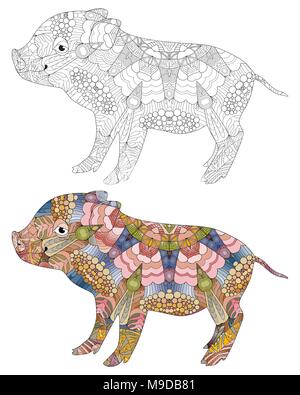 Piggy zentangle de style design t-shirt, tatouage et autres décorations. Pour colorier et porc spécimen peint Illustration de Vecteur