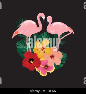 Vector illustration of tropical flamants roses, fleurs sur fond noir Illustration de Vecteur