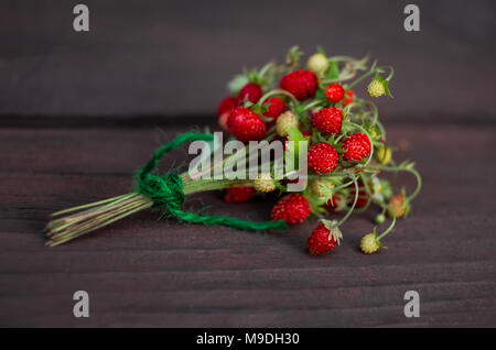Fraise sauvage de fleurs et de fruits mûrs. Concept de vert frais et fruits rouges sur un fond rustique foncé. Banque D'Images