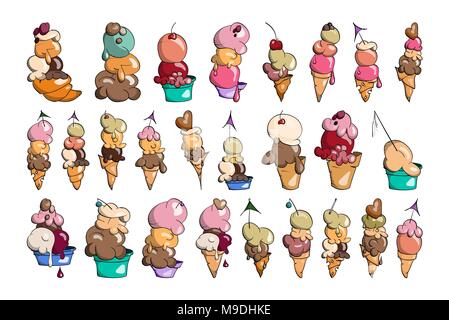 Collection de crème glacée avec balle et cône, doodle vector illustration, crémeux Chocolat, pistache, vanille et waffle Illustration de Vecteur
