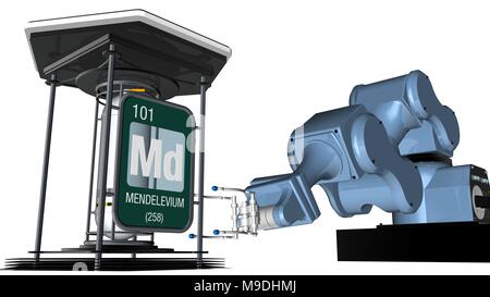 Le mendelevium symbole en forme carrée avec bord métallique à l'avant d'un bras mécanique qui contiendra un récipient du produit. L'élément numéro 100 Banque D'Images