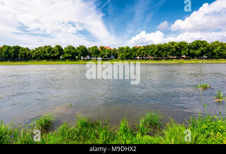 Linden Alley sur la rive de la rivière Uzh. beau paysage estival. emplacement populaire de la vieille ville. grand beau temps avec ciel bleu et quelques nuages Banque D'Images