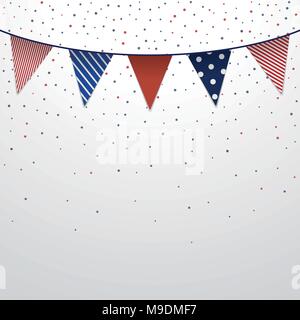 Guirlande lumineuse guirlande drapeaux Vector vintage avec de grands drapeaux triangulaires avec différents schémas est accroché sur fond blanc avec des confettis colorés Illustration de Vecteur