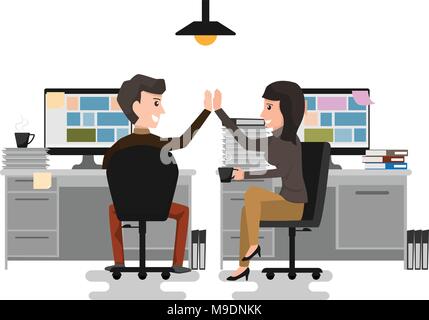 Donnez-moi les cinq ! Deux business man and woman, offrant un rapport de 5 tasses à café et avec le sourire tout en restant assis sur la chaise au bureau coworking conc. Illustration de Vecteur