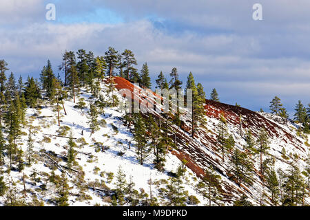 43 045,07763 beauté volcanique, une butte de neige sur Jane, red rock cinder, cône de cendres d'une éruption, conifères, ciel d'orage, Columbia Natl Forest Banque D'Images