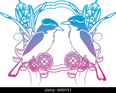 Ligne dégradées avec des animaux oiseaux couple décoration fleurs Illustration de Vecteur