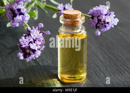Une bouteille d'huile essentielle de lavande avec des brindilles de lavande dans l'arrière-plan Banque D'Images