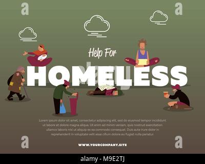 Pour aider les sans-abri avec bannière mendiant affamé Illustration de Vecteur