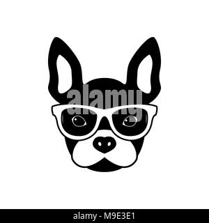 Portrait de bouledogue français avec des lunettes, noir et blanc style plat. Vector illustration de Hipster chien. Illustration de Vecteur