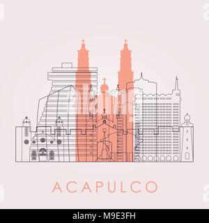 Contours Acapulco skyline avec repères. Vector illustration. Les voyages d'affaires et tourisme concept avec des bâtiments historiques. Droit de présentation, ban Illustration de Vecteur