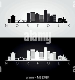 La Norfolk USA skyline et les repères d'ossature, noir et blanc design, illustration vectorielle. Illustration de Vecteur