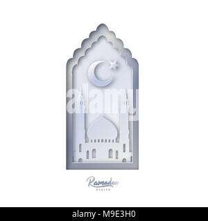 Modèle de conception de décoration islamique. Mosquée avec Croissant de lune et étoile sur fond blanc dans un papier coupé style. Ramadan Kareem, bannière, carte de vœux Illustration de Vecteur