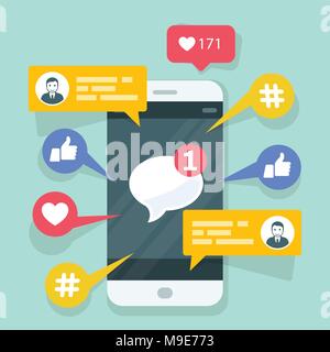 Contenu viral, smm, et l'activité sociale - aime, actions et commentaires popping up sur l'écran mobile Illustration de Vecteur
