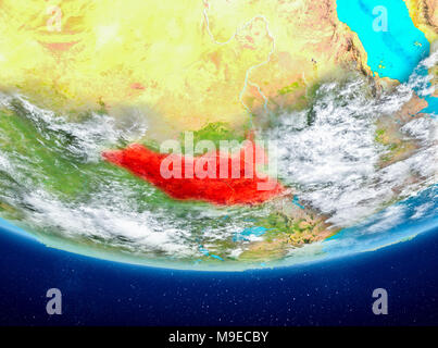 Le Soudan du Sud a mis en évidence en rouge sur la planète Terre avec des nuages. 3D illustration. Éléments de cette image fournie par la NASA. Banque D'Images