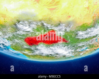 L'Afrique centrale en rouge sur la planète Terre avec des nuages. 3D illustration. Éléments de cette image fournie par la NASA. Banque D'Images