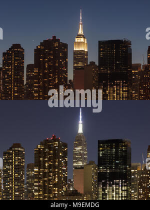 New York, USA. 24Th Mar, 2018. Le combo photo prise le 24 mars 2018 montre l'Empire State Building avant (haut) et après les lumières sont tamisées pour l'événement une heure pour la terre à New York, aux États-Unis. Credit : Muzi Li/Xinhua/Alamy Live News Banque D'Images