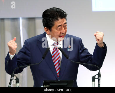 Tokyo, Japon. Mar 25, 2018. Le premier ministre et président du parti au pouvoir, le Parti libéral démocrate (LDP) Shinzo Abe prononce un discours à l'assemblée annuelle convention LDP à Tokyo le dimanche 25 mars, 2018. Abe est fort engagé à revice Articlr y compris la Constitution du Japon 9. Credit : AFLO Co.,Ltd/Alamy Live News Banque D'Images