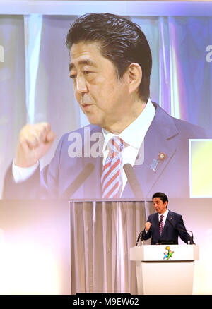 Tokyo, Japon. Mar 25, 2018. Le premier ministre et président du parti au pouvoir, le Parti libéral démocrate (LDP) Shinzo Abe prononce un discours à l'assemblée annuelle convention LDP à Tokyo le dimanche 25 mars, 2018. Abe est fort engagé à revice Articlr y compris la Constitution du Japon 9. Credit : AFLO Co.,Ltd/Alamy Live News Banque D'Images