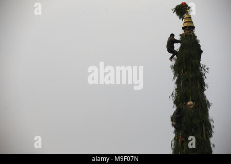 Katmandou, Népal. Mar 25, 2018. Un dévot grimpe au sommet d'un char de Seto Machindranath pendant le char festival à Katmandou, Népal le dimanche 25 mars, 2018. Credit : Skanda Gautam/ZUMA/Alamy Fil Live News Banque D'Images