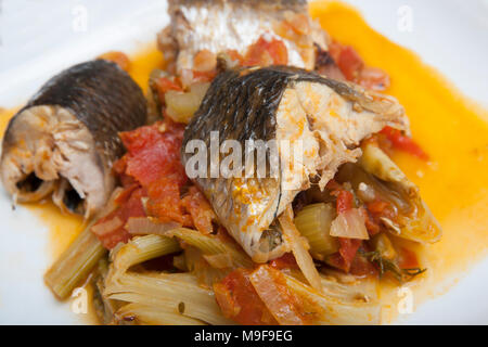 Côtelettes de mulet à lèvres minces, Chelon ramada/Liza ramada, dans un ragoût de poisson avec tomates, oignons et fenouil, Dorset England GB Banque D'Images