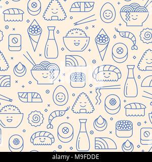 Transparente avec motif vecteur comme la cuisine japonaise sushi, riz, pains et poissons. Icônes bleues sur fond beige. Smiling faces, kawaii en dessins au trait. Illustration de Vecteur