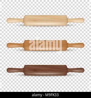 Vector 3D réaliste rouleau à pâtisserie en bois icon set libre isolé sur fond de grille de la transparence. Modèle de conception pour les graphiques Illustration de Vecteur