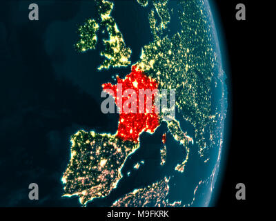 Illustration de la France vu depuis l'orbite de la terre dans la nuit. 3D illustration. Éléments de cette image fournie par la NASA. Banque D'Images
