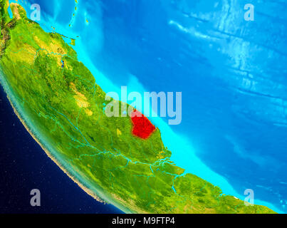 La Guyane a souligné en rouge sur la planète Terre. 3D illustration. Éléments de cette image fournie par la NASA. Banque D'Images