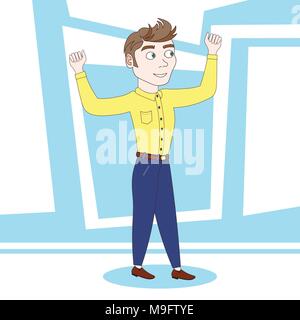 Jeune homme fort montrant muscles de la main sur fond bleu abstrait Illustration de Vecteur