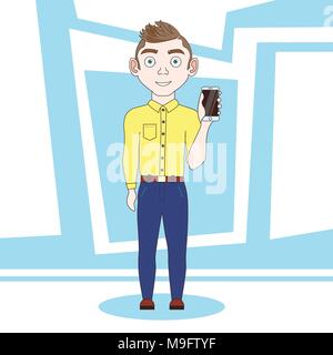 Jeune homme montrant Cell Smart Phone debout sur Blue Abstract Background Illustration de Vecteur