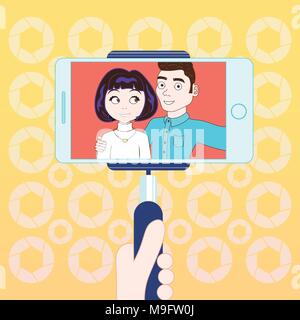 Jeune homme et femme prendre Photo avec Selfies Smart Phone et stick Illustration de Vecteur